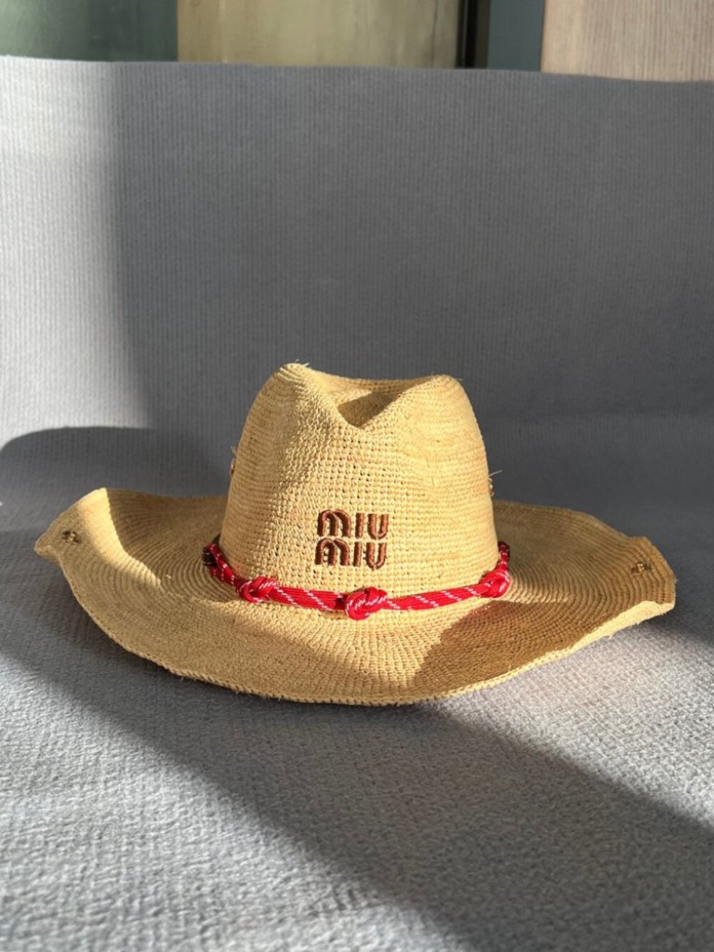 Miu Miu Raffia Cowboy Straw Hat Red Rope Band - Picture 2 of 6